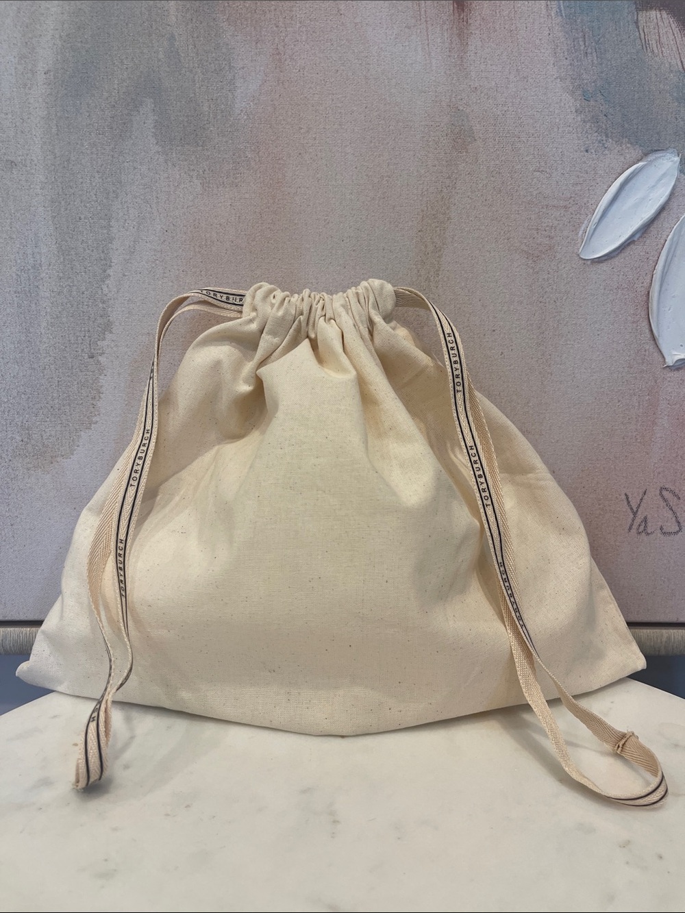 Tory Burch Canvas Drawstring Tote Bag in Natural - 12” x 9.5”